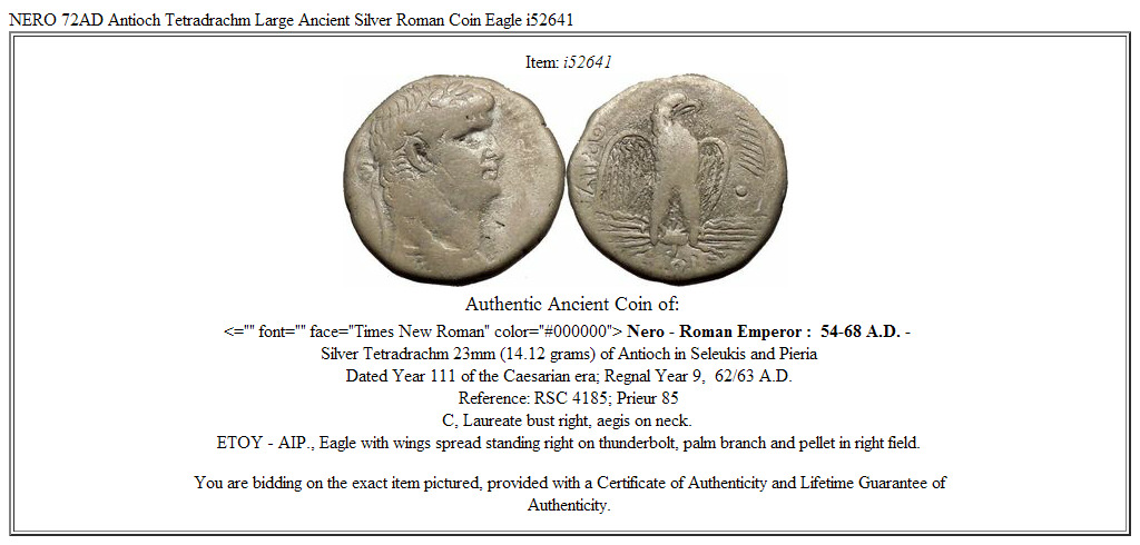 NERO 72AD Antioch Tetradrachm Large Ancient Silver Roman Coin Eagle i52641