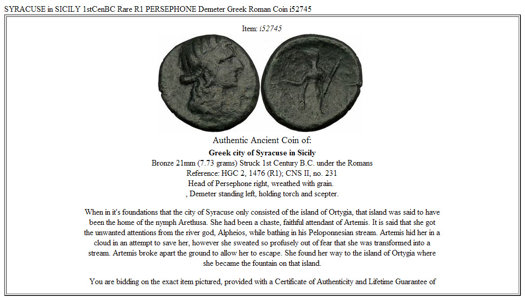 SYRACUSE in SICILY 1stCenBC Rare R1 PERSEPHONE Demeter Greek Roman Coin i52745