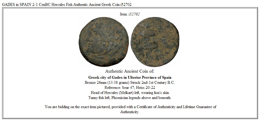 GADES in SPAIN 2-1 CenBC Hercules Fish Authentic Ancient Greek Coin i52702