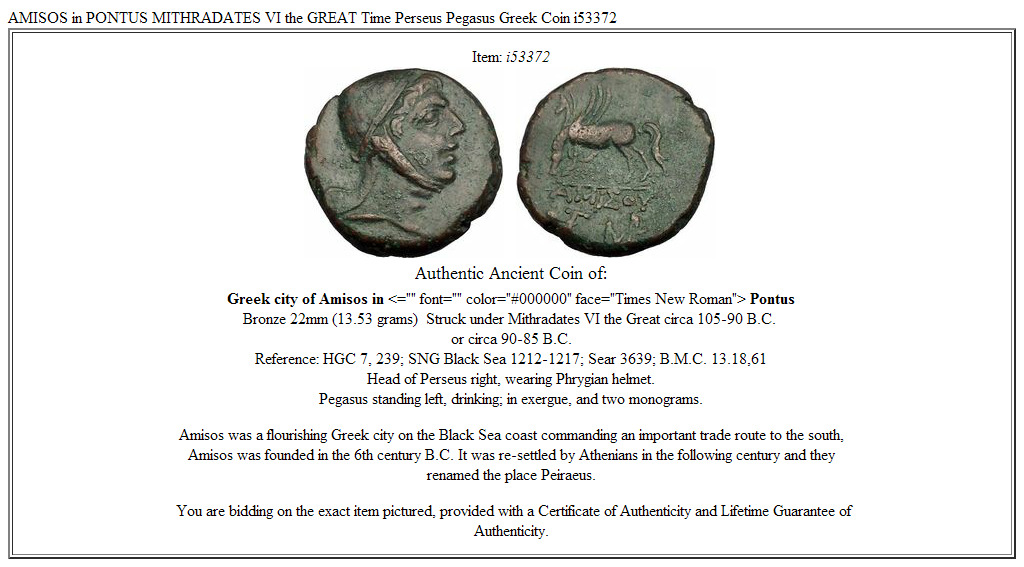 AMISOS in PONTUS MITHRADATES VI the GREAT Time Perseus Pegasus Greek Coin i53372