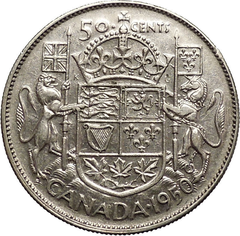 1950 CANADA King George VI of Britain Silver 50 Cent Coin Coat of Arms i53097