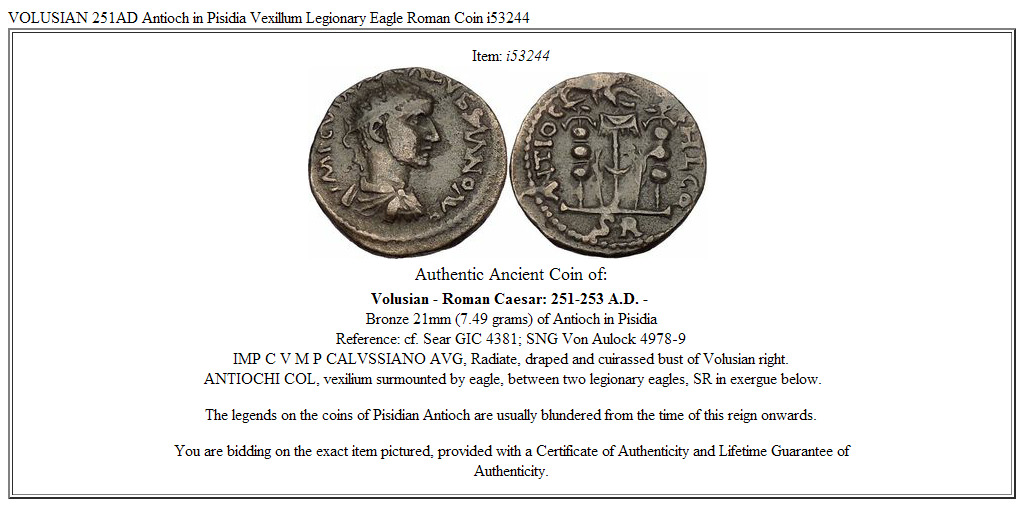 VOLUSIAN 251AD Antioch in Pisidia Vexillum Legionary Eagle Roman Coin i53244
