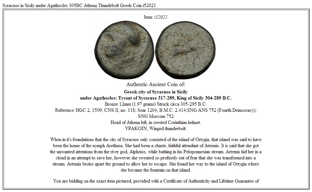 Syracuse in Sicily under Agathocles 305BC Athena Thundebolt Greek Coin i52021