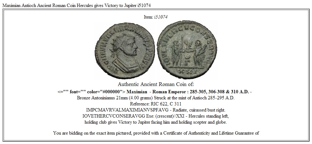 Maximian Antioch Ancient Roman Coin Hercules gives Victory to Jupiter i51074