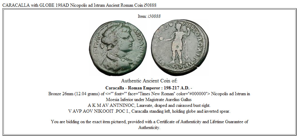 CARACALLA with GLOBE 198AD Nicopolis ad Istrum Ancient Roman Coin i50888