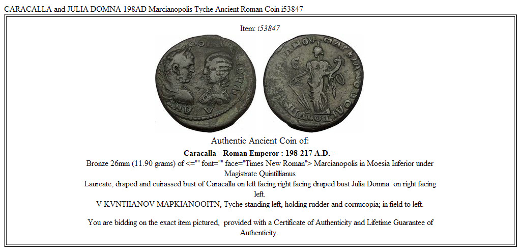 CARACALLA and JULIA DOMNA 198AD Marcianopolis Tyche Ancient Roman Coin i53847