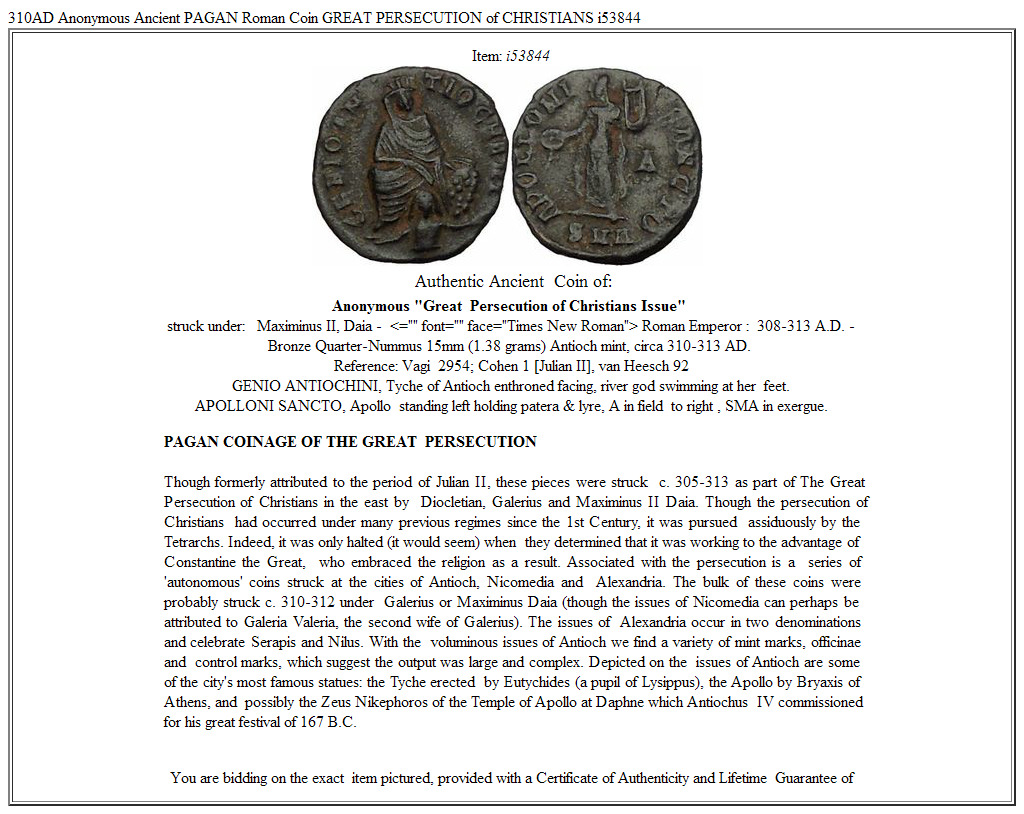 310AD Anonymous Ancient PAGAN Roman Coin GREAT PERSECUTION of CHRISTIANS i53844