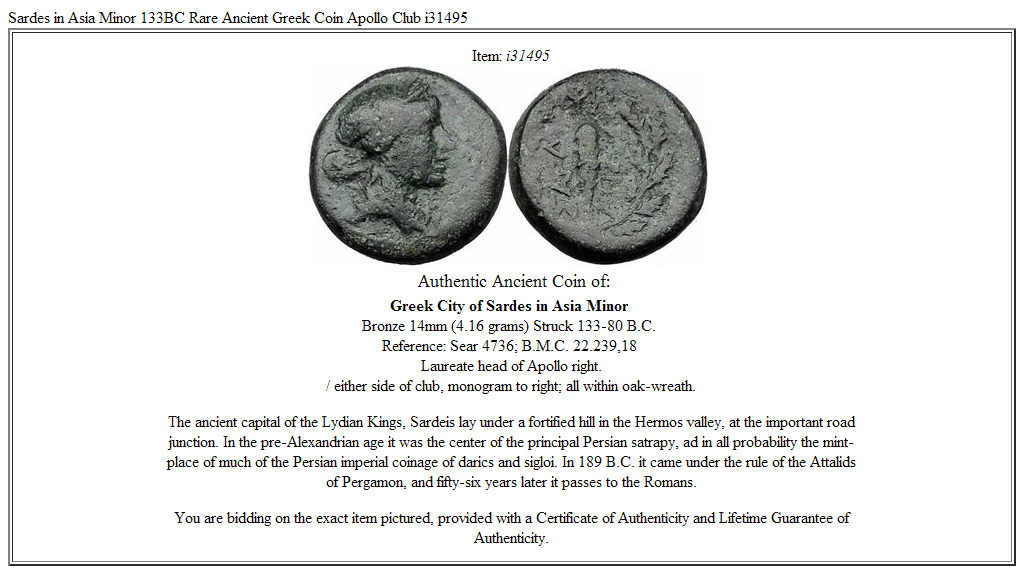 Sardes in Asia Minor 133BC Rare Ancient Greek Coin Apollo Club i31495