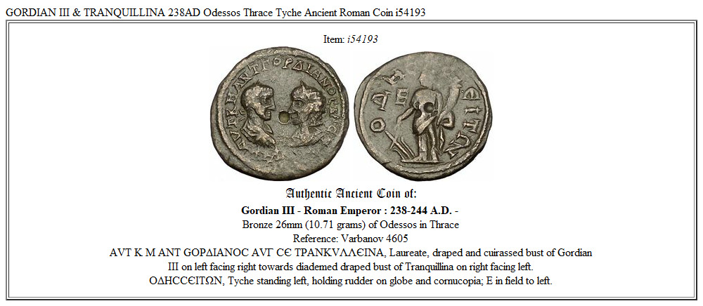 GORDIAN III & TRANQUILLINA 238AD Odessos Thrace Tyche Ancient Roman Coin i54193