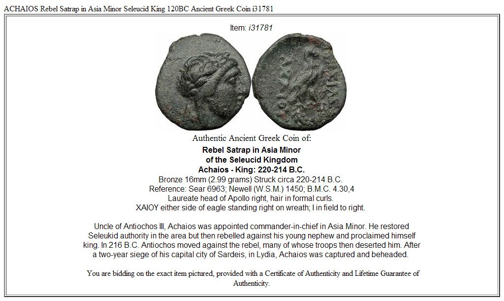 ACHAIOS Rebel Satrap in Asia Minor Seleucid King 120BC Ancient Greek Coin i31781