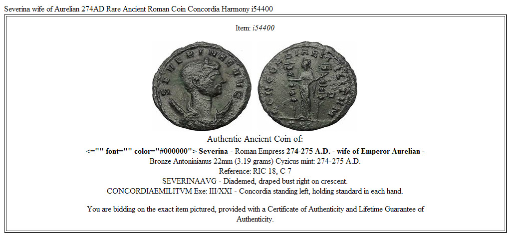 Severina wife of Aurelian 274AD Rare Ancient Roman Coin Concordia Harmony i54400