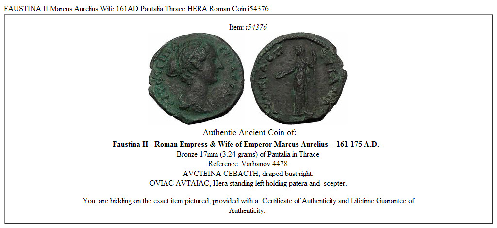 FAUSTINA II Marcus Aurelius Wife 161AD Pautalia Thrace HERA Roman Coin i54376