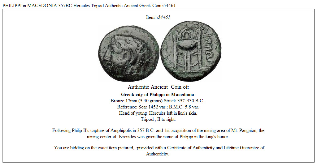 PHILIPPI in MACEDONIA 357BC Hercules Tripod Authentic Ancient Greek Coin i54461