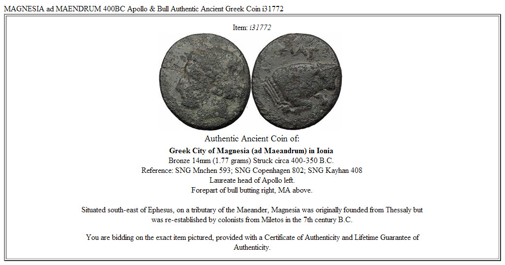 MAGNESIA ad MAENDRUM 400BC Apollo & Bull Authentic Ancient Greek Coin i31772