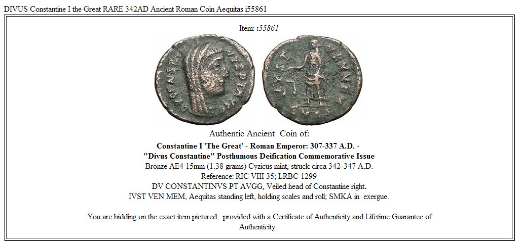 DIVUS Constantine I the Great RARE 342AD Ancient Roman Coin Aequitas i55861