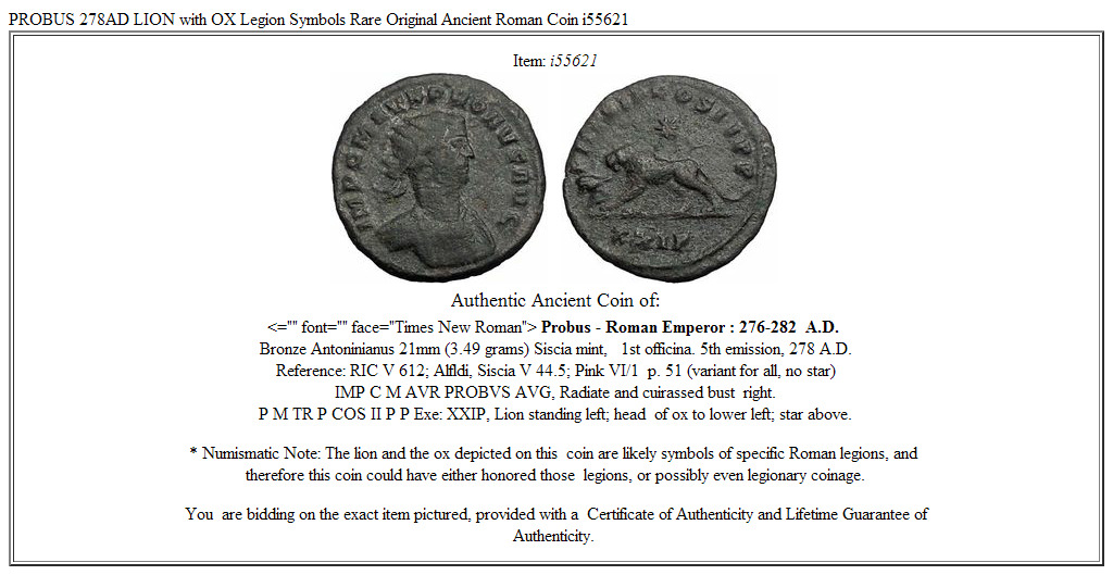 PROBUS 278AD LION with OX Legion Symbols Rare Original Ancient Roman Coin i55621