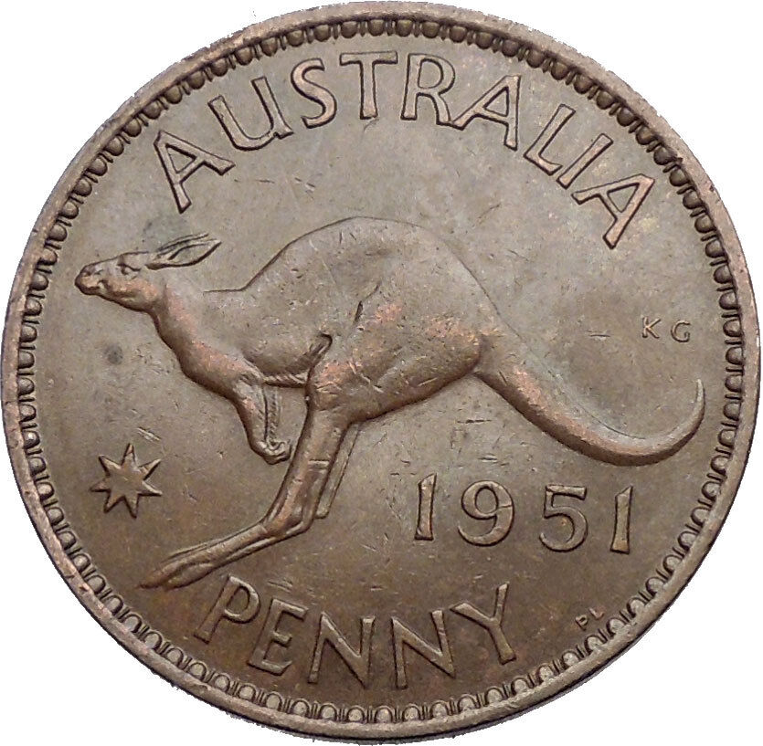 1951 AUSTRALIA King George VI of United Kingdom KANGAROO PENNY Coin i56141