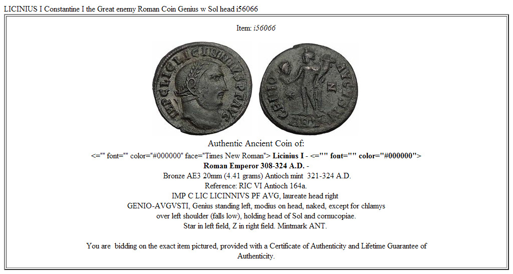 LICINIUS I Constantine I the Great enemy Roman Coin Genius w Sol head i56066