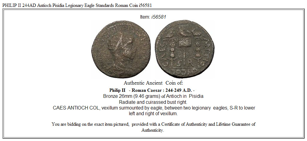 PHILIP II 244AD Antioch Pisidia Legionary Eagle Standards Roman Coin i56581