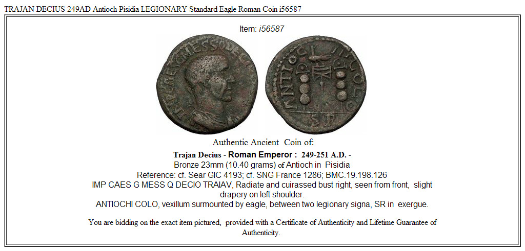 TRAJAN DECIUS 249AD Antioch Pisidia LEGIONARY Standard Eagle Roman Coin i56587