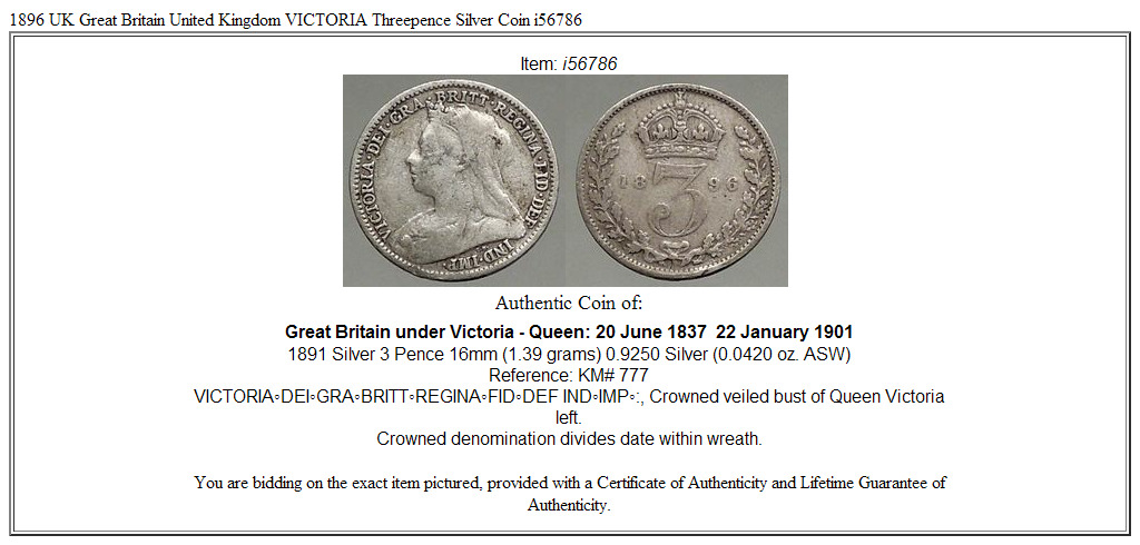 1896 UK Great Britain United Kingdom VICTORIA Threepence Silver Coin i56786