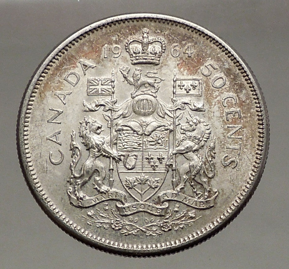 1964 CANADA under Queen Elizabeth II SILVER 50 Cents Canadian Coin Arms i56631