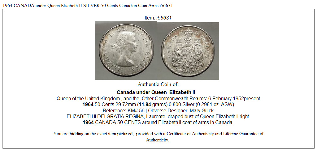 1964 CANADA under Queen Elizabeth II SILVER 50 Cents Canadian Coin Arms i56631