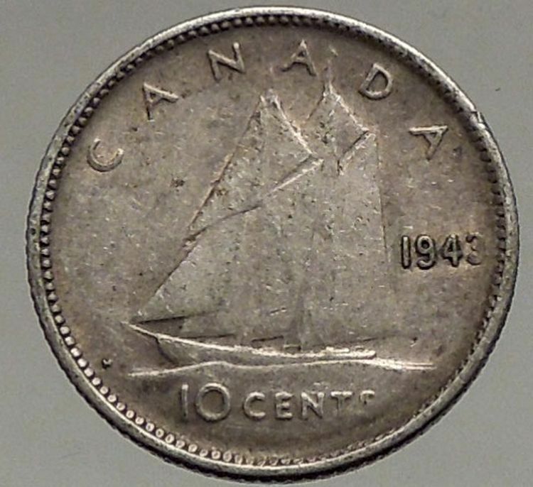 1943 CANADA King George VI - Silver 10 Cent SILVER Coin - BLUENOSE SHIP i56795