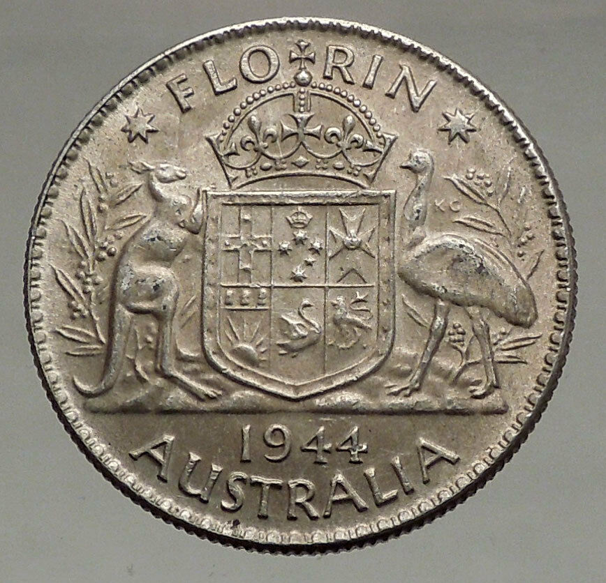 1944 AUSTRALIA - FLORIN Large SILVER Coin King George VI Coat-of-Arms i56695