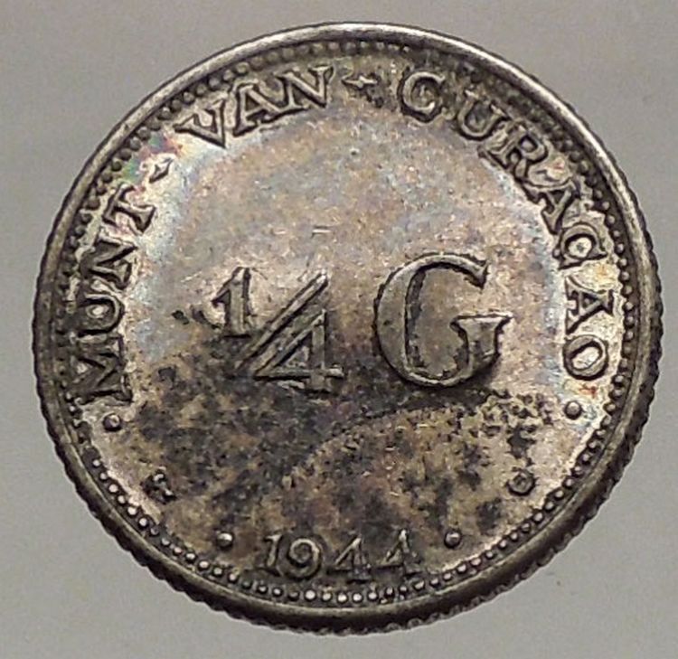 1944 CURACAO Netherlands Kingdom Queen WILHELMINA 1/4 Gulden Silver Coin i57181