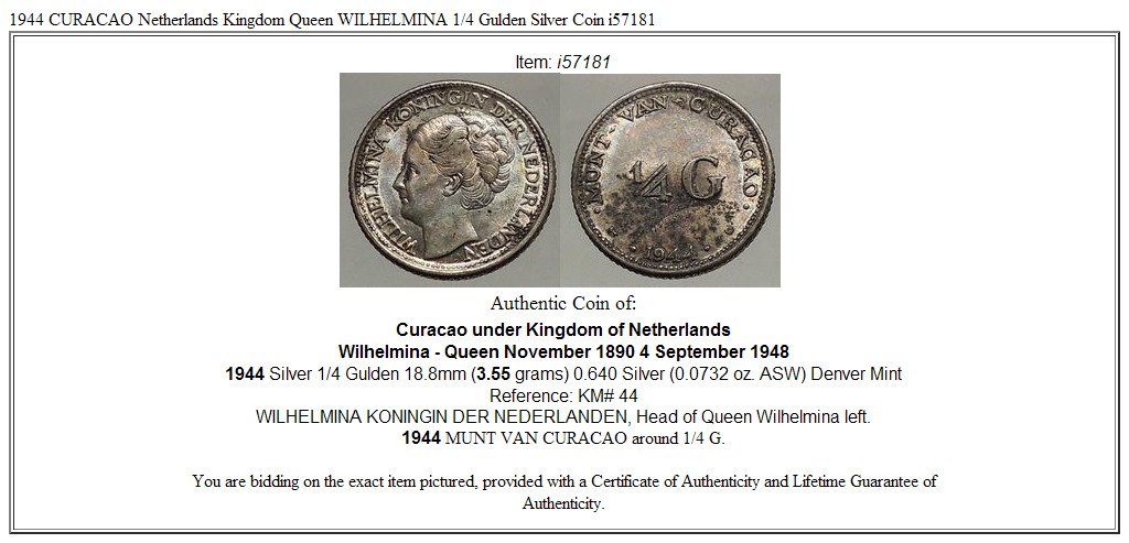 1944 CURACAO Netherlands Kingdom Queen WILHELMINA 1/4 Gulden Silver Coin i57181