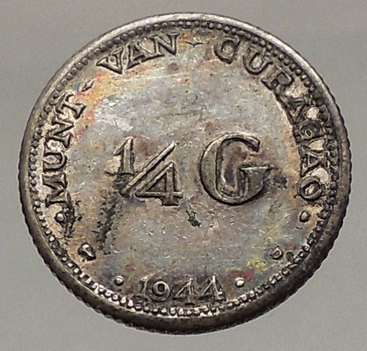 1944 CURACAO Netherlands Kingdom Queen WILHELMINA 1/4 Gulden Silver Coin i57192