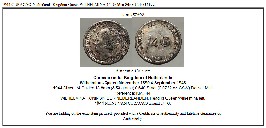 1944 CURACAO Netherlands Kingdom Queen WILHELMINA 1/4 Gulden Silver Coin i57192