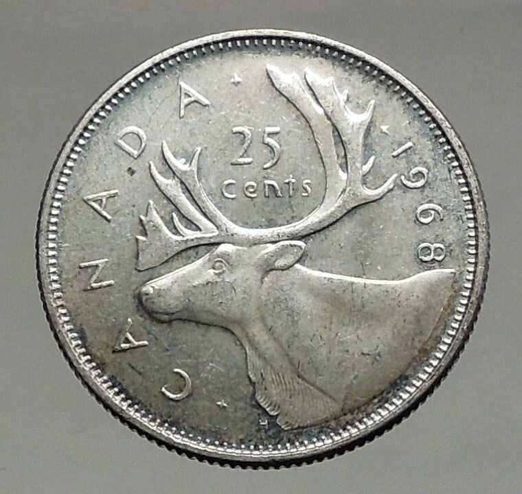 1968 CANADA United Kingdom Queen Elizabeth II Silver 25 Cent Coin CARIBOU i56892