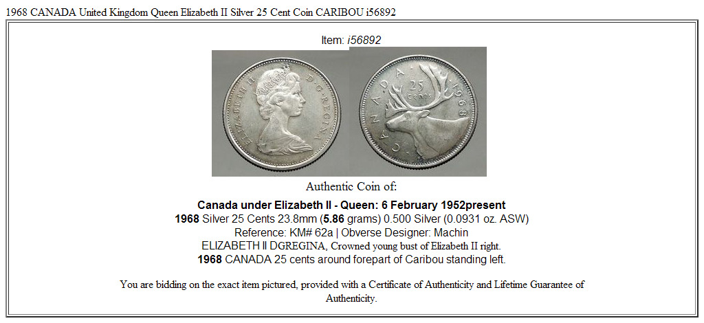 1968 CANADA United Kingdom Queen Elizabeth II Silver 25 Cent Coin CARIBOU i56892