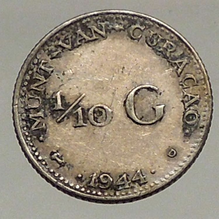 1944 CURACAO Netherlands Kingdom Queen WILHELMINA 1/10 Gulden Silver Coin i57193