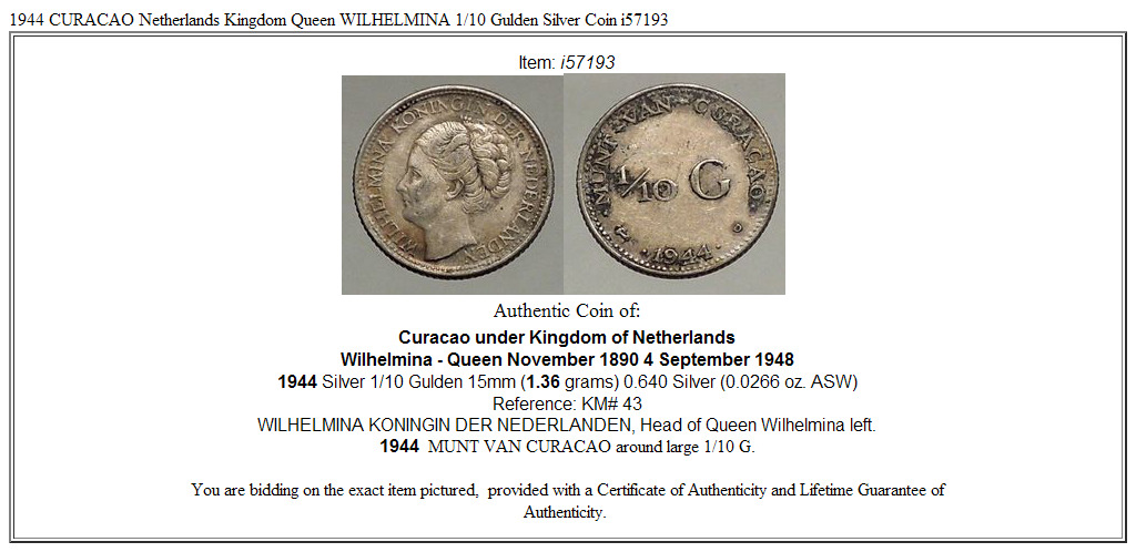 1944 CURACAO Netherlands Kingdom Queen WILHELMINA 1/10 Gulden Silver Coin i57193