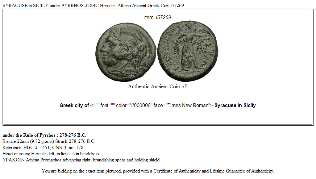 SYRACUSE in SICILY under PYRRHOS 278BC Hercules Athena Ancient Greek Coin i57269