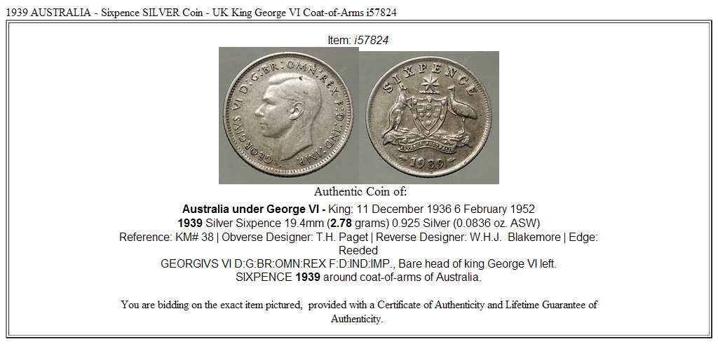 1939 AUSTRALIA - Sixpence SILVER Coin - UK King George VI Coat-of-Arms i57824