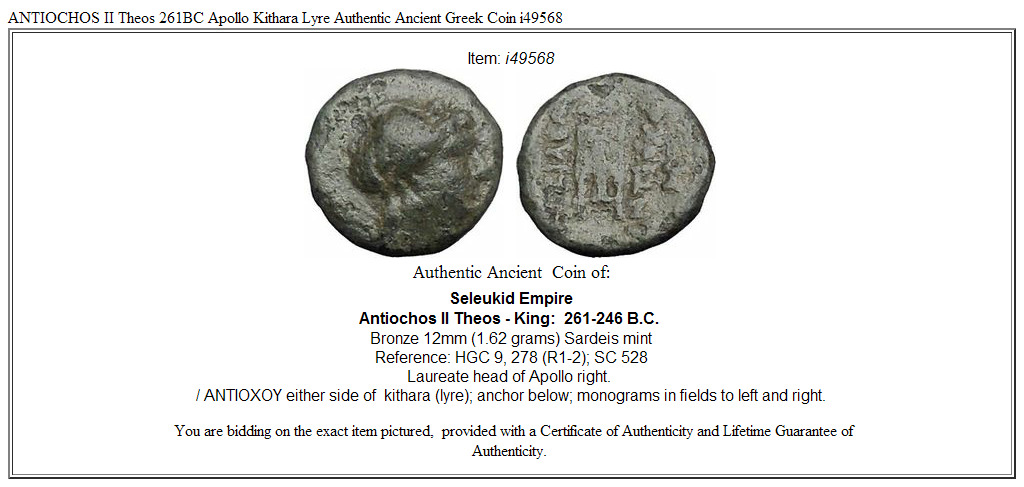 ANTIOCHOS II Theos 261BC Apollo Kithara Lyre Authentic Ancient Greek Coin i49568