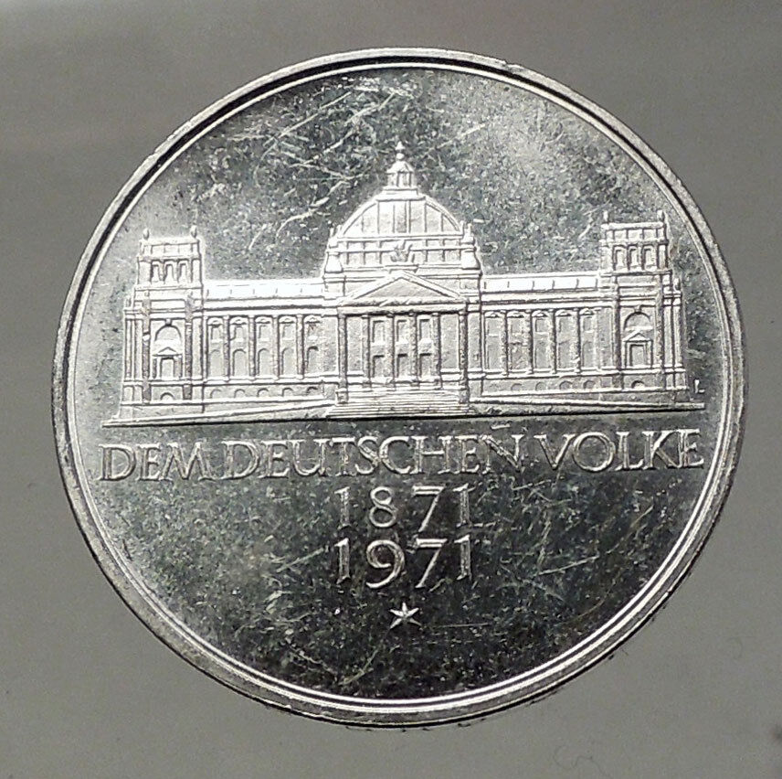 1971 GERMANY Silver 5 Mark Coin GERMAN 1871 Reichstag Building in Berlin i57859