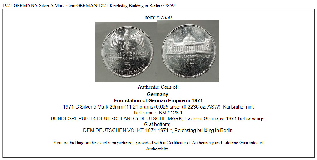 1971 GERMANY Silver 5 Mark Coin GERMAN 1871 Reichstag Building in Berlin i57859