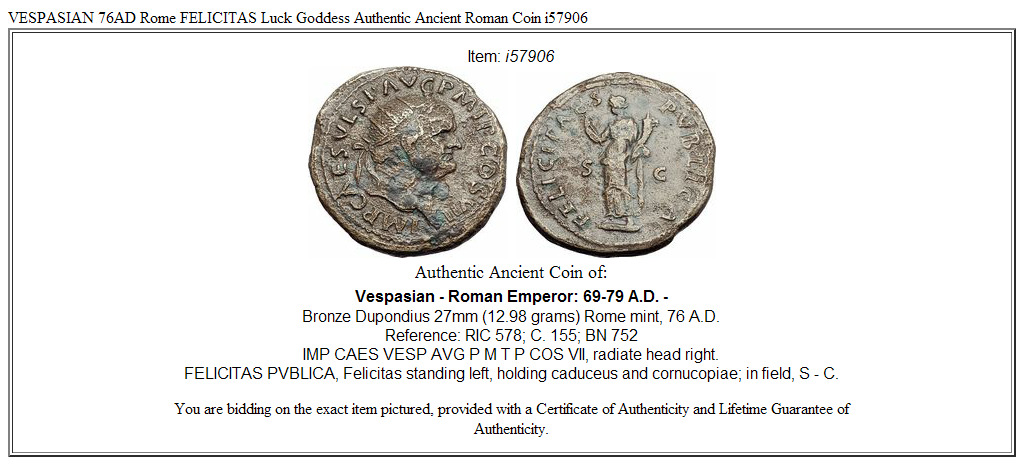 VESPASIAN 76AD Rome FELICITAS Luck Goddess Authentic Ancient Roman Coin i57906