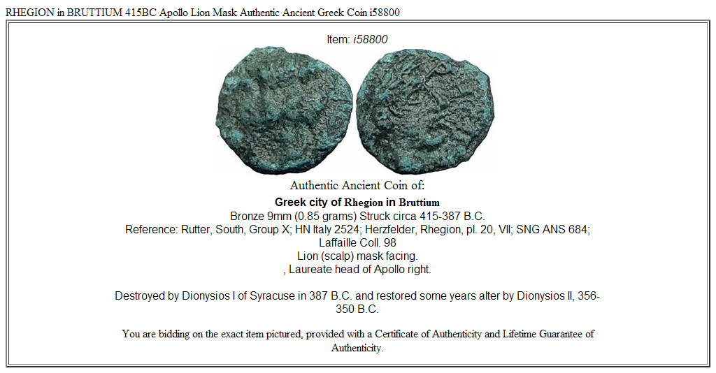 RHEGION in BRUTTIUM 415BC Apollo Lion Mask Authentic Ancient Greek Coin i58800
