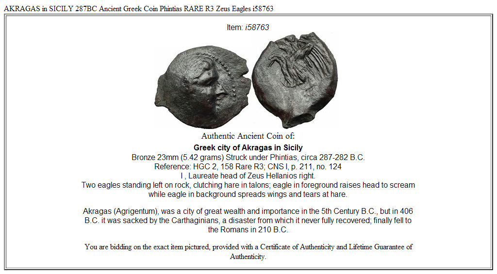 AKRAGAS in SICILY 287BC Ancient Greek Coin Phintias RARE R3 Zeus Eagles i58763
