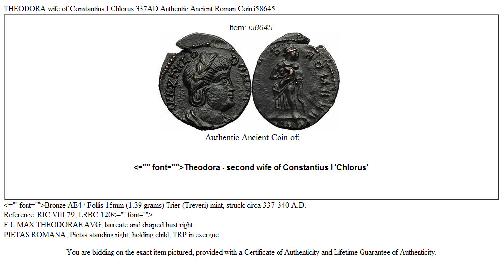 THEODORA wife of Constantius I Chlorus 337AD Authentic Ancient Roman Coin i58645