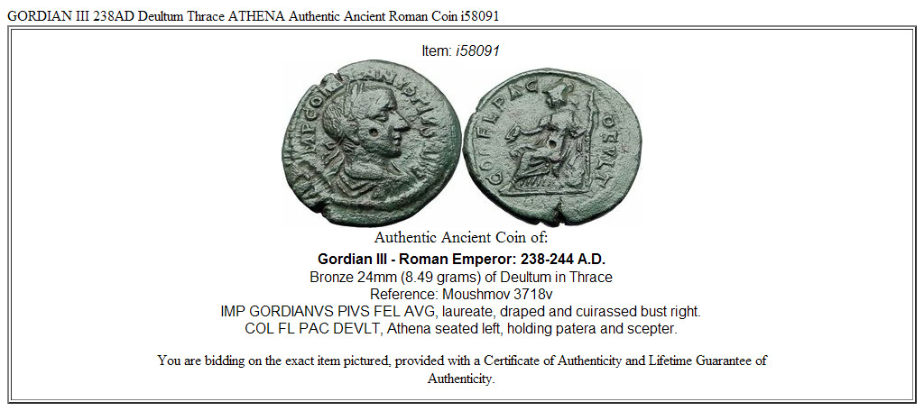 GORDIAN III 238AD Deultum Thrace ATHENA Authentic Ancient Roman Coin i58091