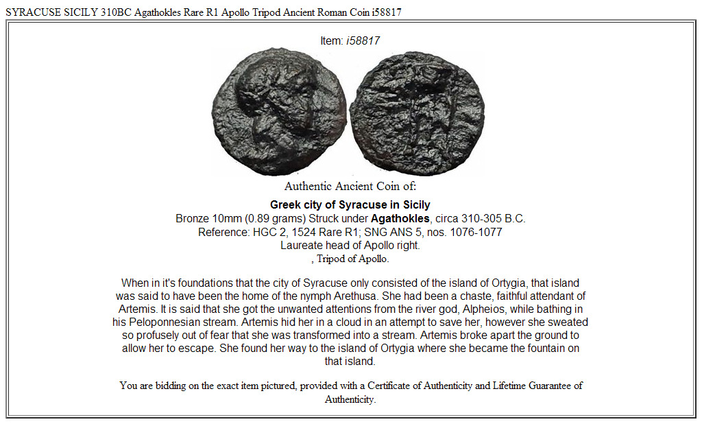 SYRACUSE SICILY 310BC Agathokles Rare R1 Apollo Tripod Ancient Roman Coin i58817