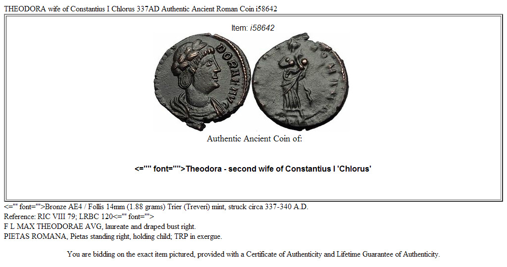 THEODORA wife of Constantius I Chlorus 337AD Authentic Ancient Roman Coin i58642