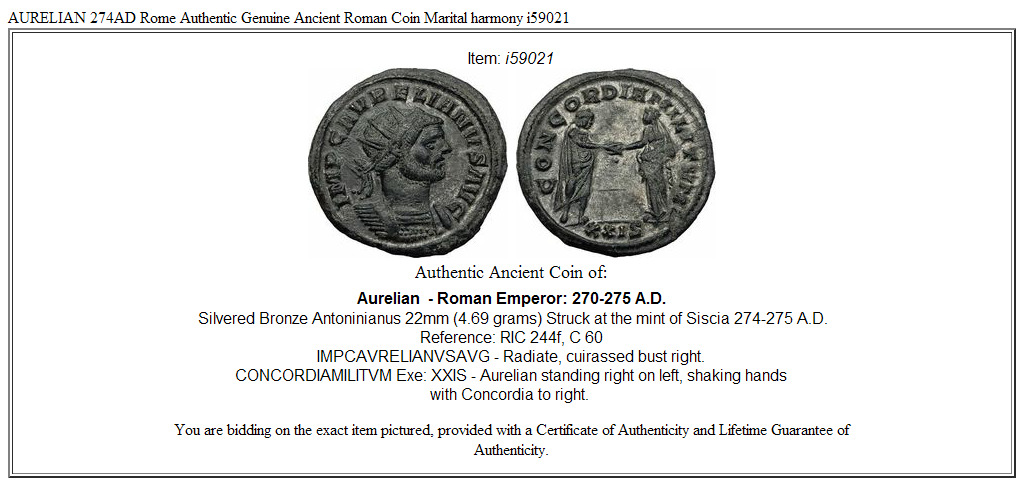 AURELIAN 274AD Rome Authentic Genuine Ancient Roman Coin Marital harmony i59021